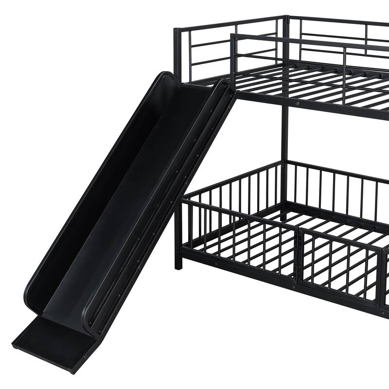 Twin over Twin Metal Bunk Bed with Slide, Guardrails, and Convertible Loft Design, Black