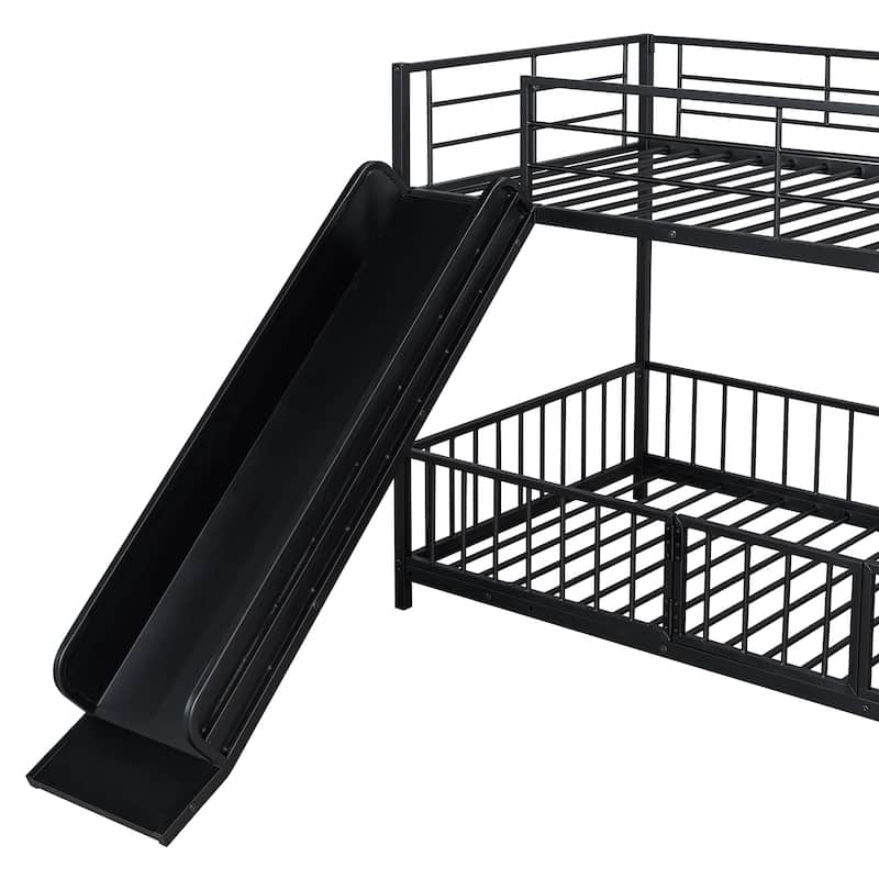 Twin over Twin Size Metal Bunk Bed with Slide and Guardrails for Kids, Boys and Girls, Bedroom