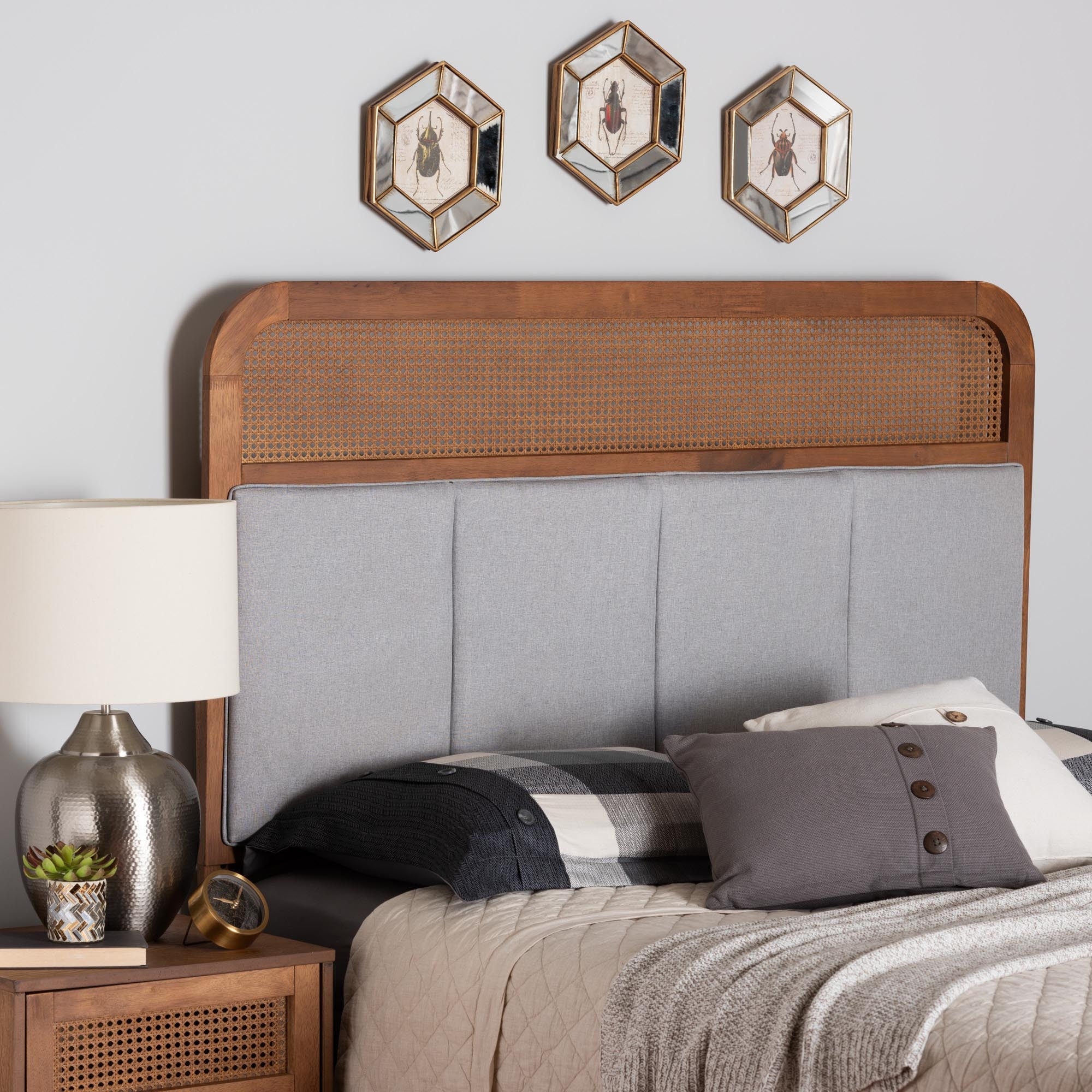 Esti Mid Century Modern Light Grey Fabric and Ash Walnut Finished Wood Headboard with Rattan