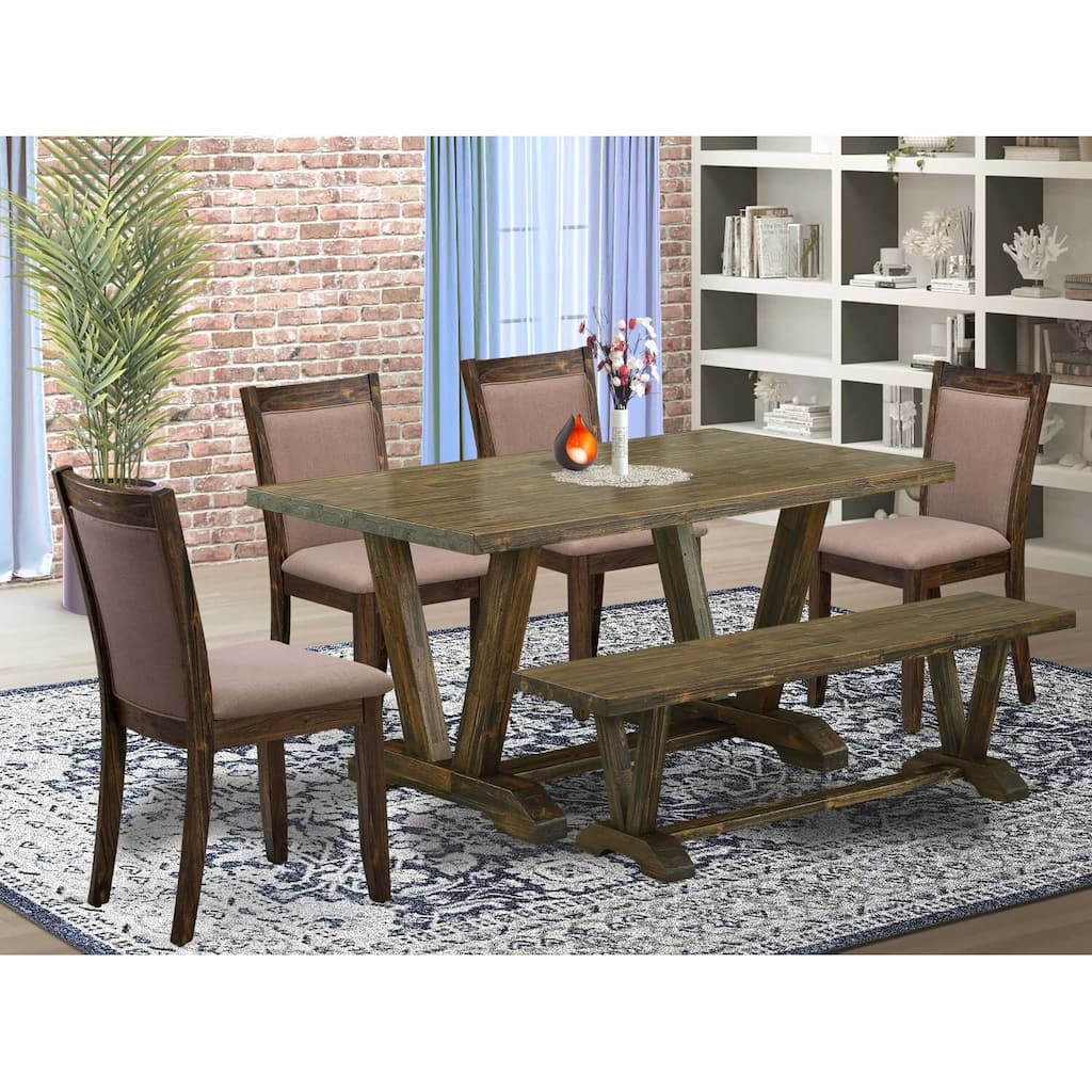 HomeStock 6-Piece Rectangle Distressed Jacobean Finish Solid Wood Top Dining Table with 1-Bench, 4-Chairs