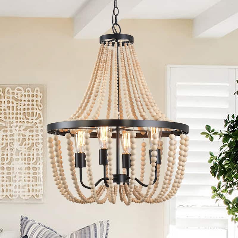 Farmhouse Beaded Chandelier Wood Chandelier Wood Bead Chandelier - 4-Light