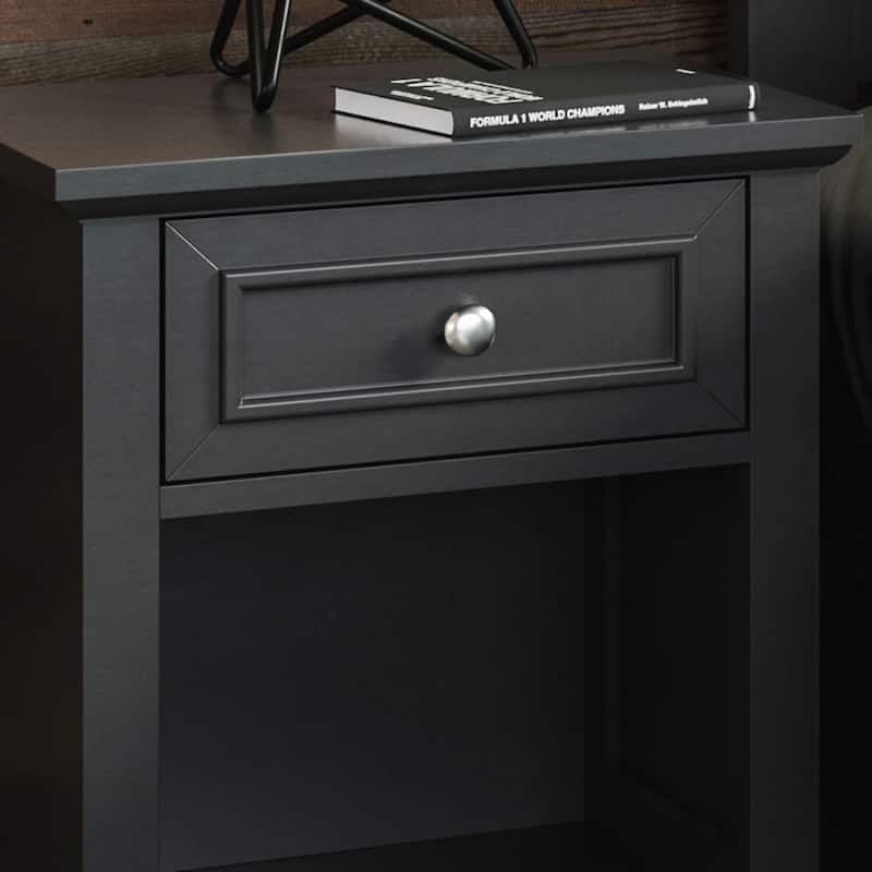Homestyles Bedford 4- Piece Black Wood Queen Headboard, Two Nightstands and Chest Set