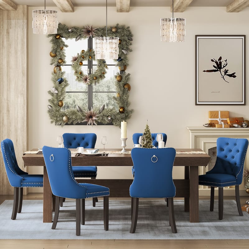 Upholstered Tufted Velvet Dining Chair with Solid Wood Legs Set of 6 - Blue
