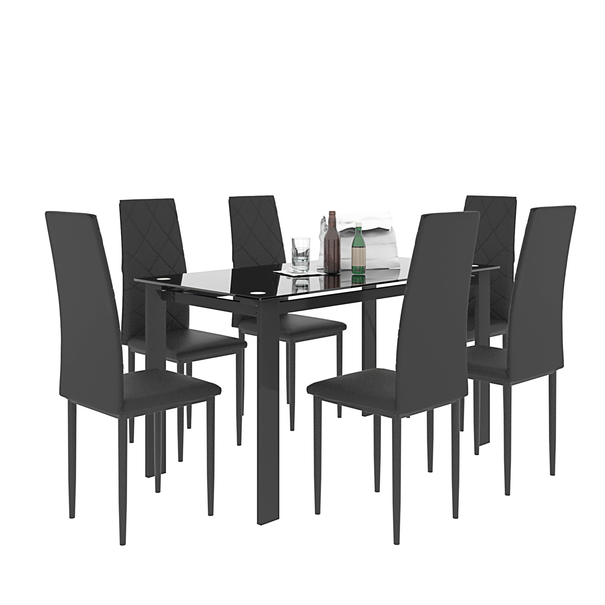 7 Piece Industrial Dining Table Set with 6 PU Upholstered Chairs
