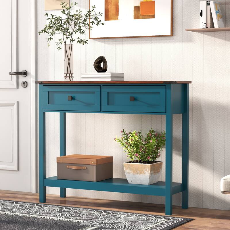 Anmytek Blue Console Table with 2 Drawer and Bottom Storage Shelf,Rustic Side Table for Entryway