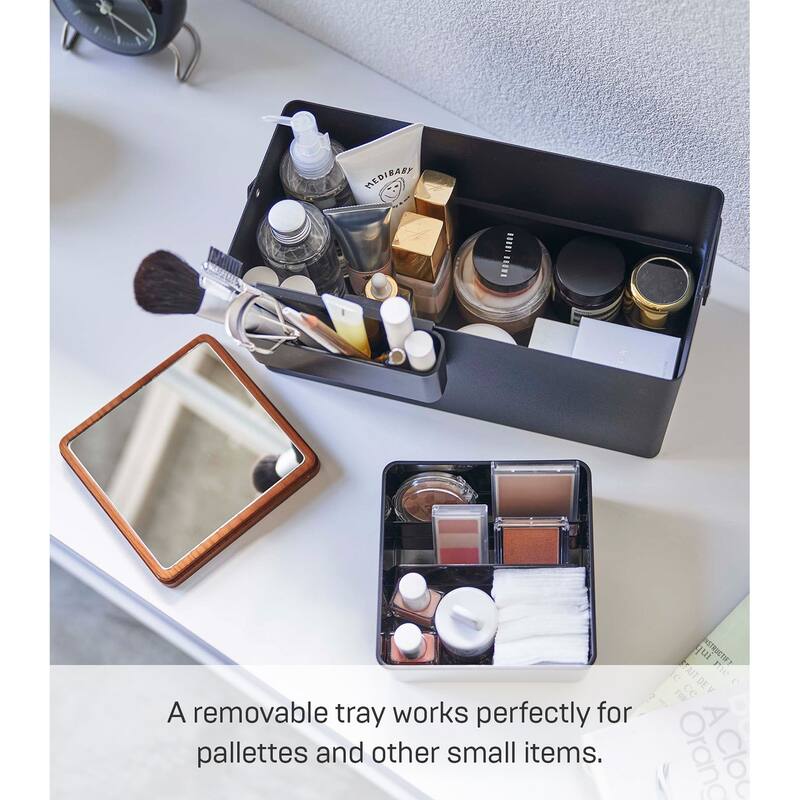 Yamazaki Home Makeup Organizer with Mirror, Steel and Wood, Holds 3.3 lbs - L 5.91 x W 12.2 x H 6.18 inches
