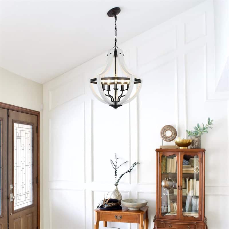5-Light White Wood Chandeliers - White
