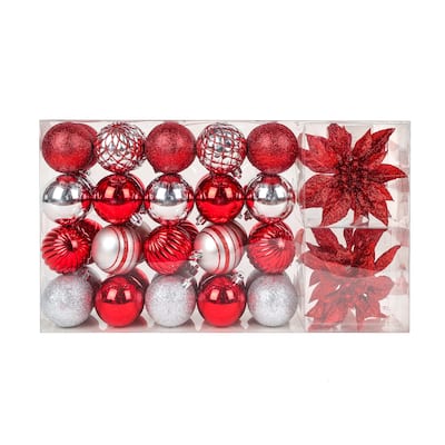 National Tree Company 2 in. Shatterproof Christmas Ornament Set, Red and Silver, 40 Balls and 4 Flowers - 2 in