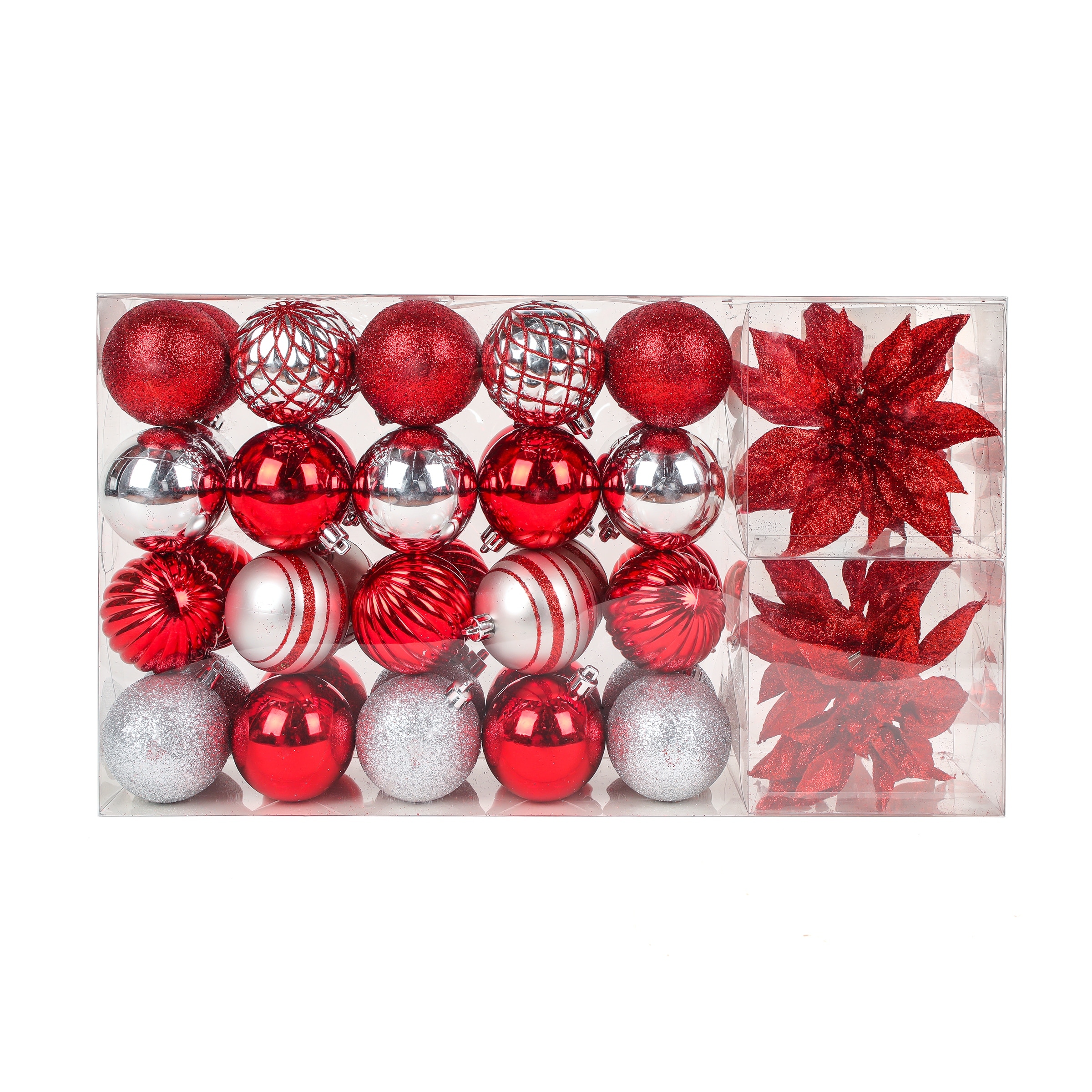 National Tree Company 2 in. Shatterproof Christmas Ornament Set, Red and Silver, 40 Balls and 4 Flowers - 2 in