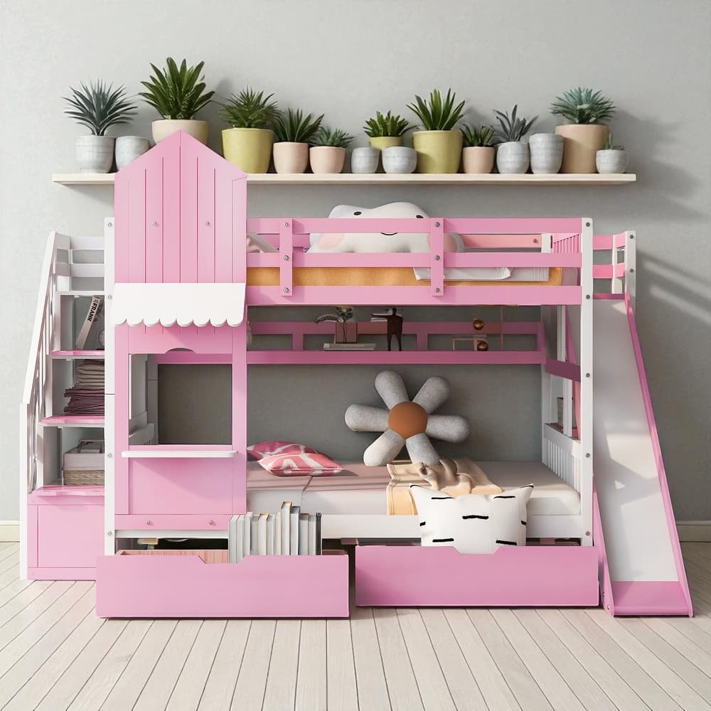 Castle Style Twin/Full Bunk Bed with Slide, 2 Drawers and 3 Shelves, Fence Design, Solid Wood Frame