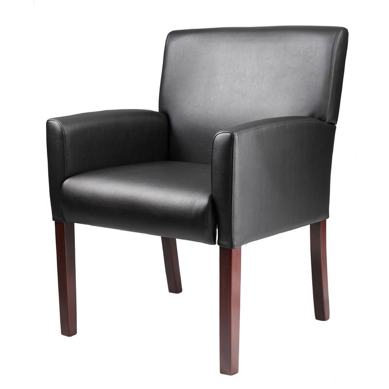 Nick Reception Guest Armchair, Soft Black Vinyl, Mahogany Brown Finish