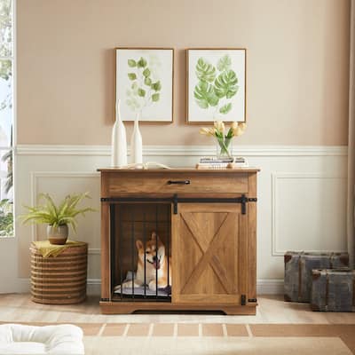 Wood Dog Crate Furniture With Barn Door And 1 Drawer