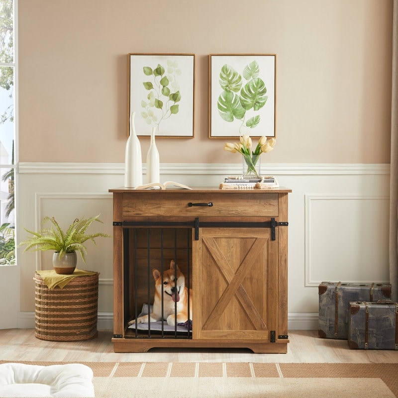 Wood Dog Crate Furniture With Barn Door And 1 Drawer
