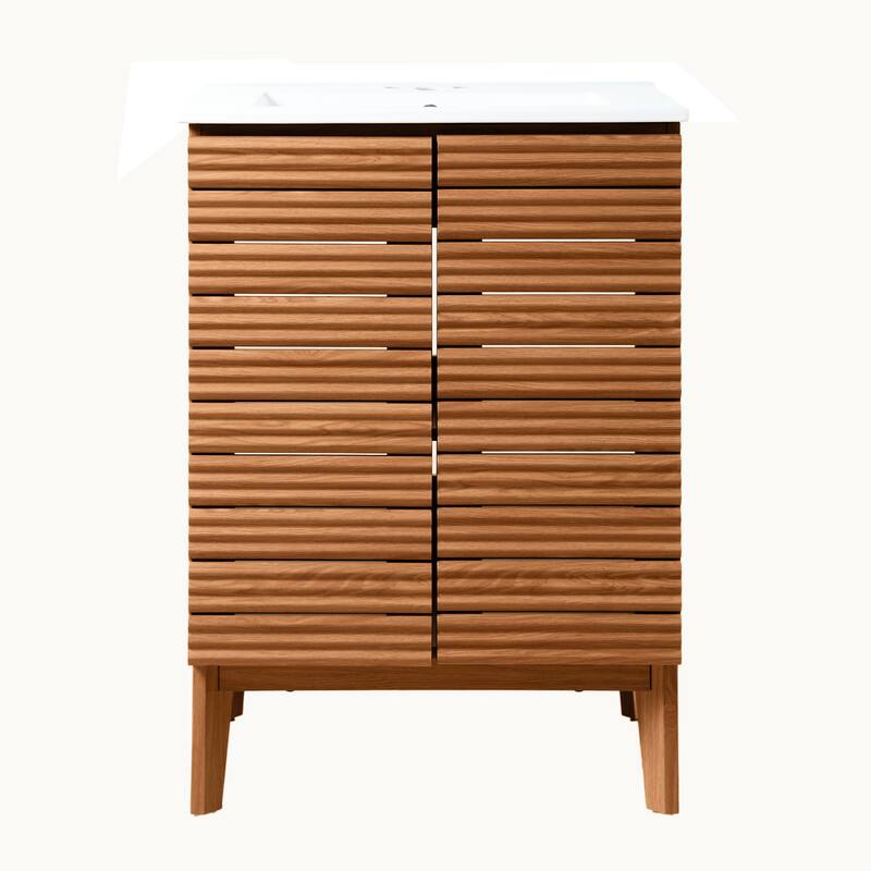 Javer Thin Linear Slat Modern Farmhouse 2-Shelf Bath Vanity Cabinet Only (Sink Basin not Included), by JONATHAN Y - 24 in. - Walnut