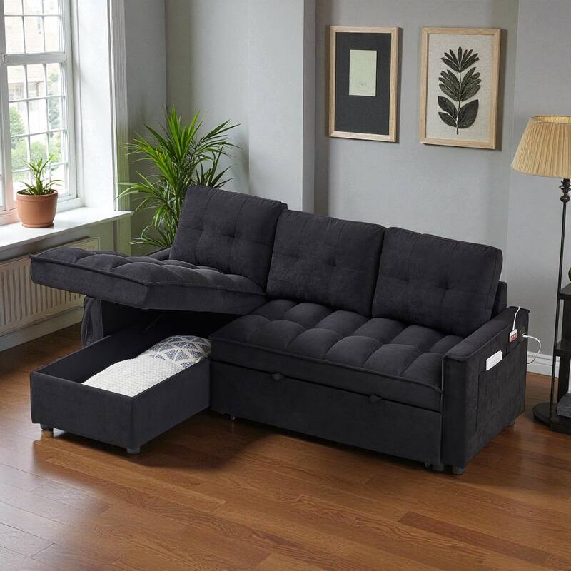 78.75" Chenille Reclining Sectional Sofa with Pull-Out Bed USB Type-C Ports Storage Chaise Modular Convertible Couch