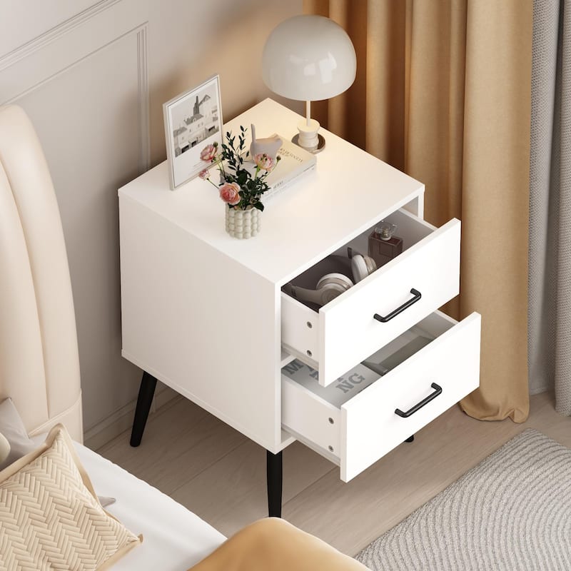 2-Drawer Nightstand with Metal Legs and Metal Handles, Modern White Bedside Table, Small End Table for Bedroom, Living Room