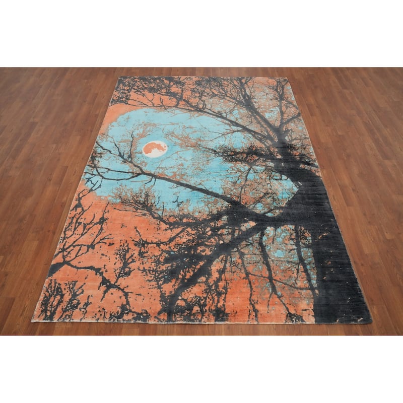 Hand Knotted Oriental Viscose Silk Carpet Modern Pictorial Multi-Colored Abstract Area Rug - 7' 11'' X 5' 6''