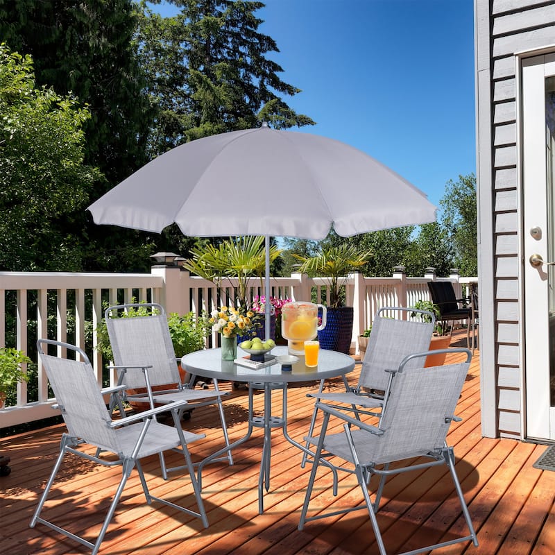 Futzca Folding Patio Dining Set, Garden Patio Furniture Set with Umbrella, Glass Table and 4 Folding Chairs