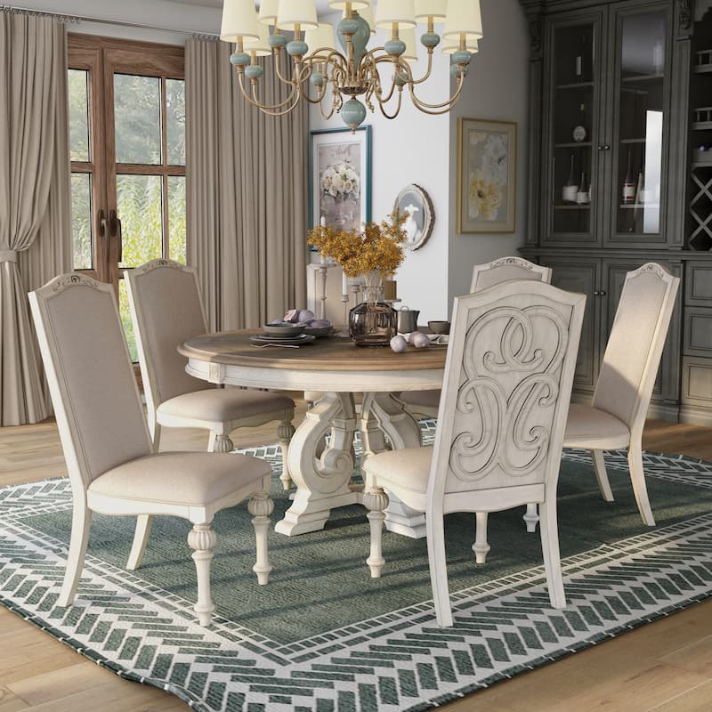 Caelum Farmhouse White Fabric Upholstered 7-Piece Round Dining Set By The Gray Barn - Antique White/Natural Tone