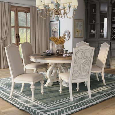 Caelum Farmhouse White Fabric Upholstered 7-Piece Round Dining Set By The Gray Barn