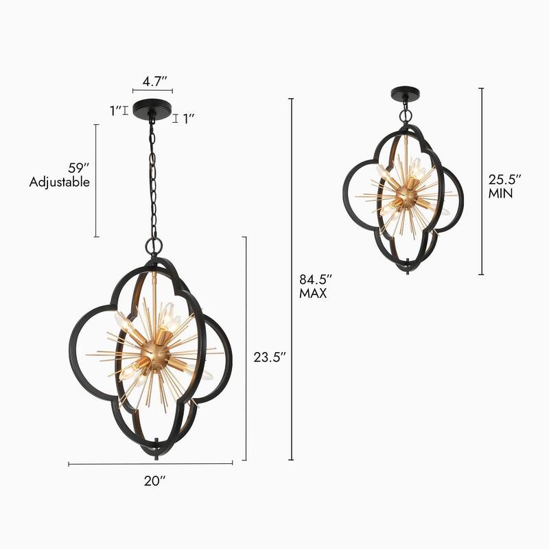 Modern Glam 6-Light Black Gold Cage Chandelier Metal Starburst Pendant Lights - 20'' D x 23.5'' H