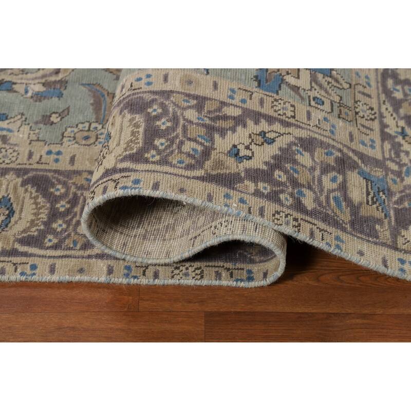 Floral Blue Tabriz Persian Rug Hand-Knotted Distressed Wool Carpet - 6'5"x 9'7"