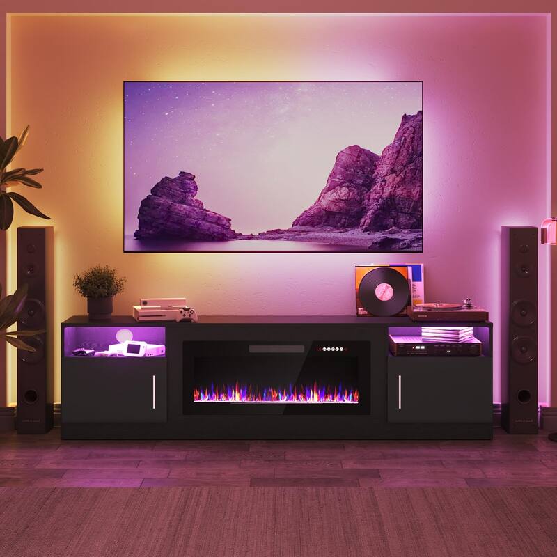 80" Modern Electric Fireplace TV Stand with 20-Color LED Lights, Fits Up to 90" TV, Adjustable Shelves & Cable Management
