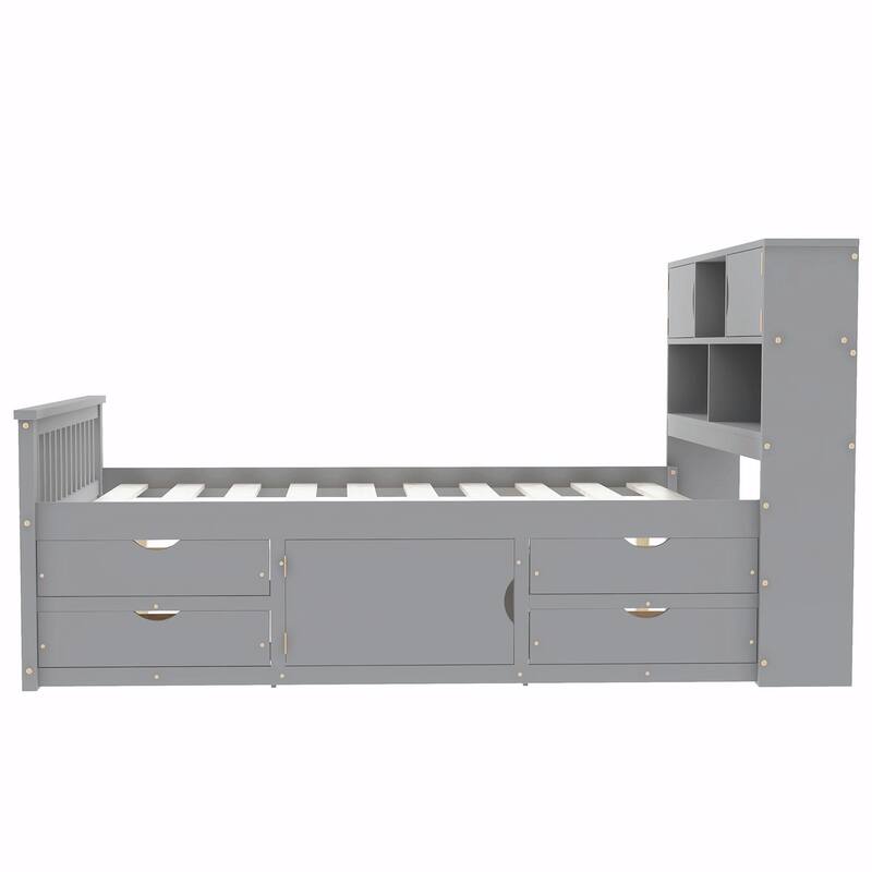 Captain Platform Bed Frame with Storage Bookcases, Shelves & Four Drawers