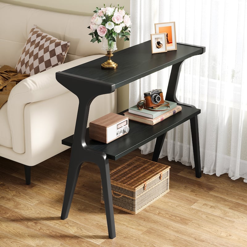 Narrow End Table for Living Room, 2-Tier Slim Sofa Side Table - Black