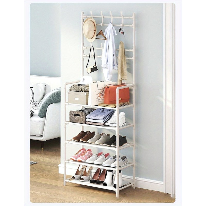 5-Tier Freestanding Shoe Rack and Coat Stand Entryway Organizer for Shoes Boots Hats - 26”L x 11”W x 68.9”H
