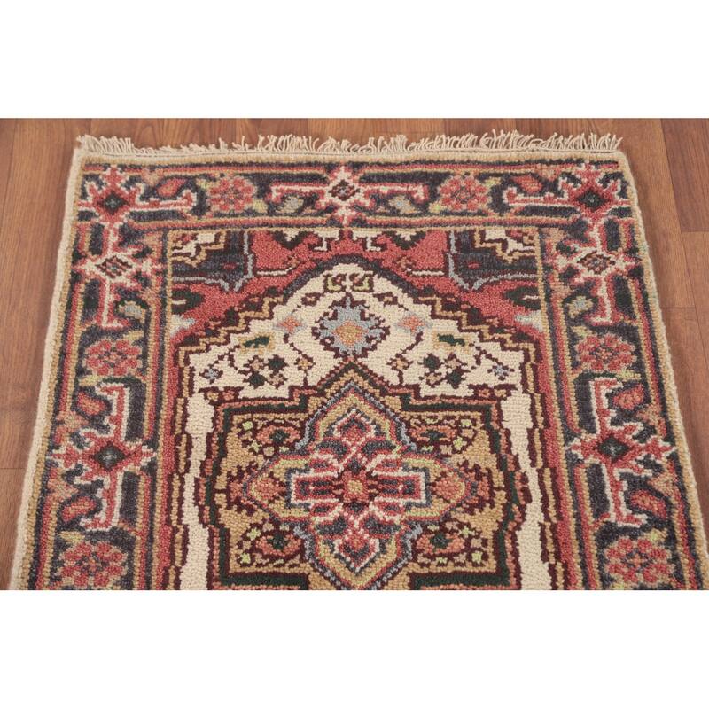 Geometric Heriz-Serapi Accent Rug Handmade Beige Wool Carpet - 2'0"x 4'0"