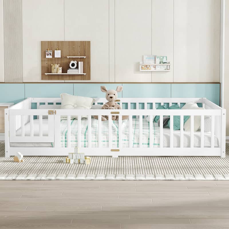 Montessori Toddler Floor Bed with Fence and Switchable Door, Low Profile Bed Frame with Removable Slats, Safe Transition Bed