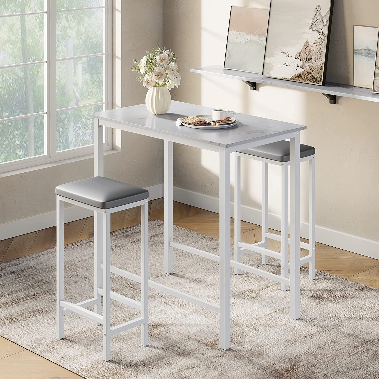Faux Marble Kitchen Bar Table Set High Top Pub Table and Stools