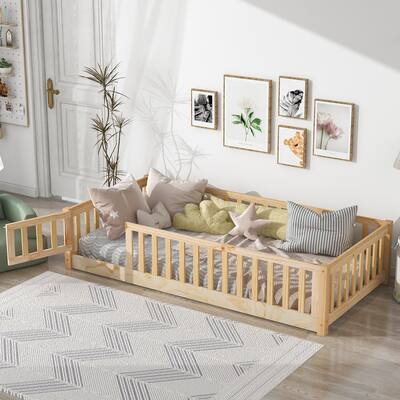 Twin size Floor Platform Bed with Fence and Door