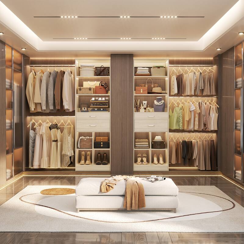 66''-100'' Walk-in Closet Organizer with 5 Hanging Rods and 2 Wooden Drawers，4-8FT Sturdy Closet System with Storage Shelves