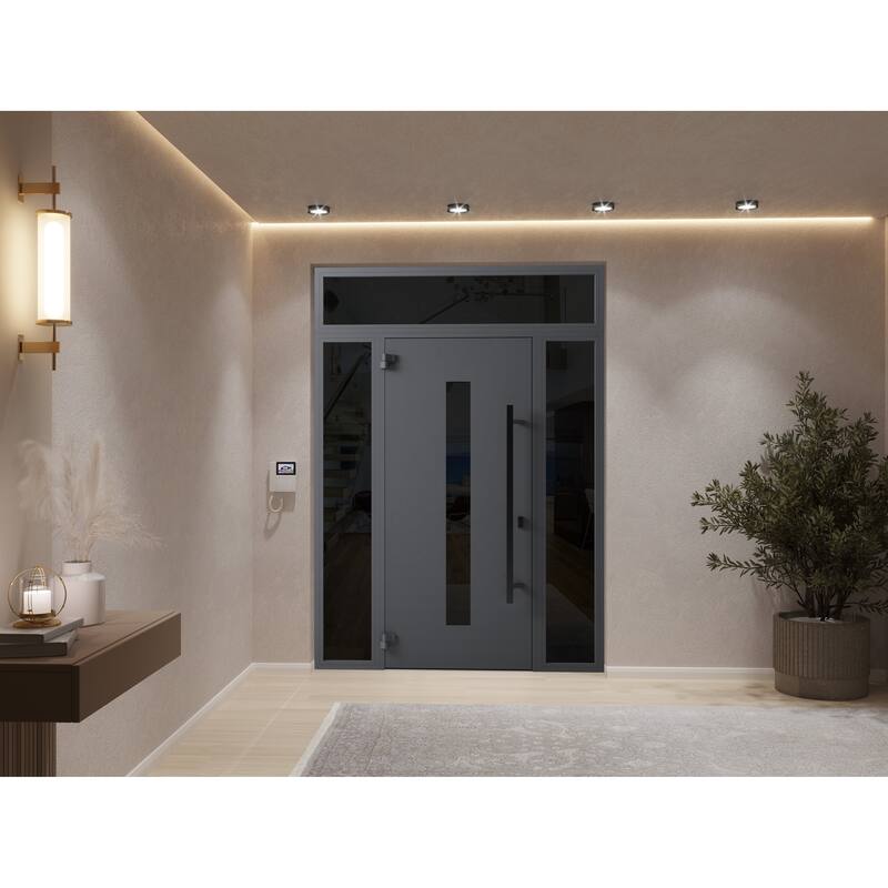 Front Prehung Steel Door Ronex 1011 Grey Side and Top Window Sidelite Stainless Inserts W36+12xH80+16 Lh I