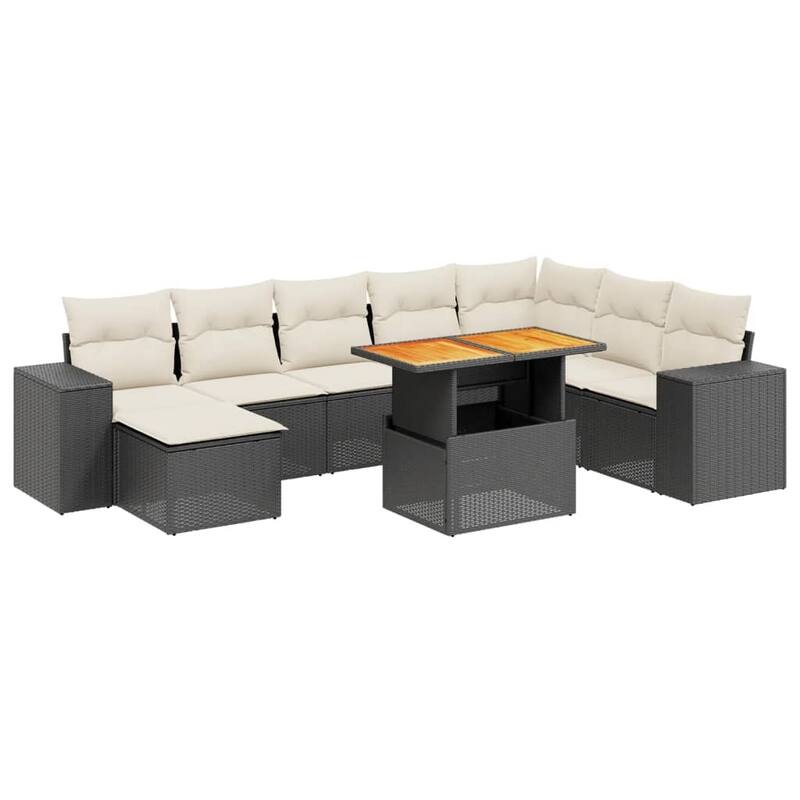 vidaXL Patio Sofa Set with Cushions Table and Stool 9 Piece Poly Rattan Acacia - 21.7 x 39.4 x 28.7