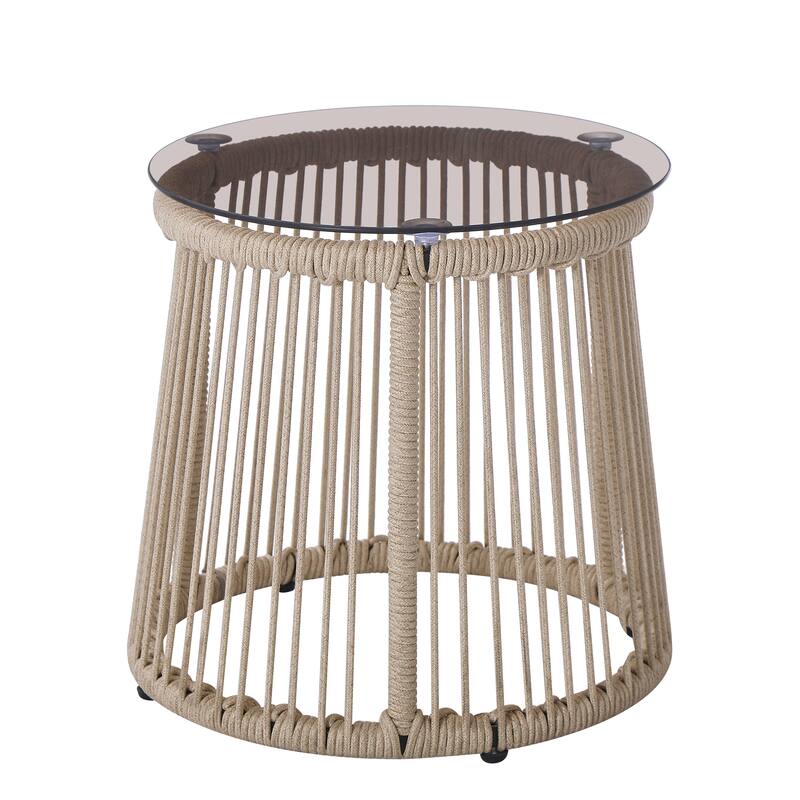 Roomfitters Moonstone Outdoor Woven Rope Side Table with Tempered Glass Top, Modern Drum Design, Light Brown - Light Brown - Light Brown