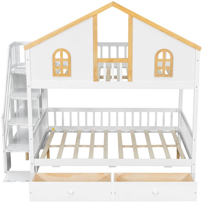 Fairytale Bunk Bed with Window Door House-shaped Roof Frame and Storage Staircase, Optional with Storage Drawers or Trundle Bed