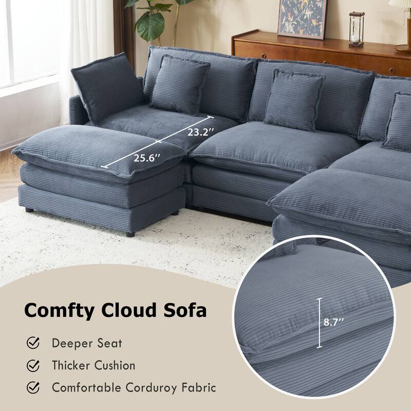 112.6" Corduroy Modular Sectional Sofa with Ottoman and Storage Pockets
