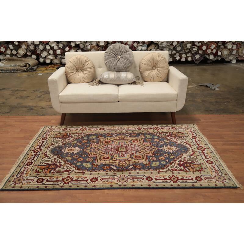 Hand Knotted Oriental 100% Wool Carpet Traditional Medallion Greys & Charcoal Heriz (serapi) Area Rug - 6' 2'' X 4' 1''