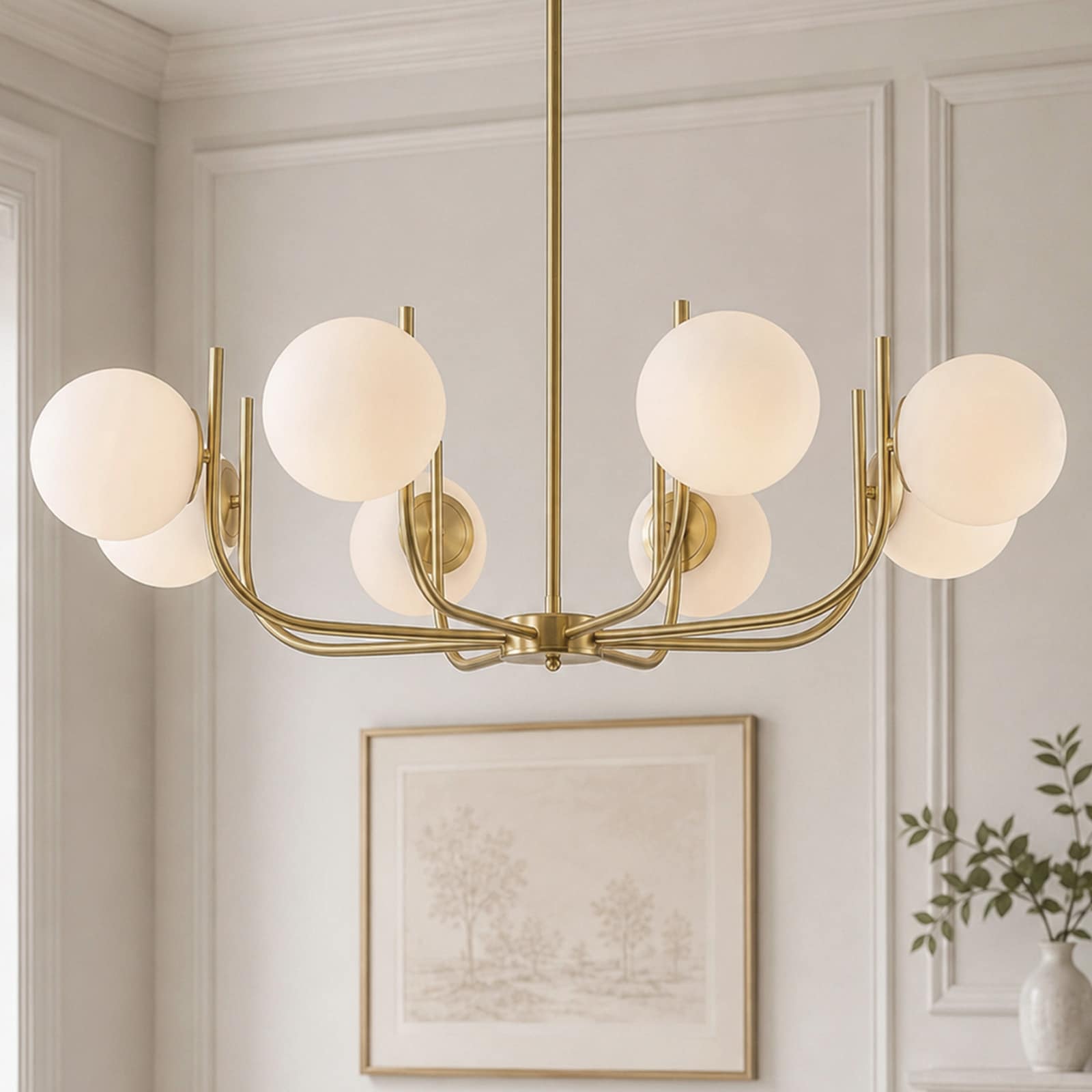8-Light Mid-Century Modern Brss Finish Sputnik Chandelier with Milk White Glass Globe Shades