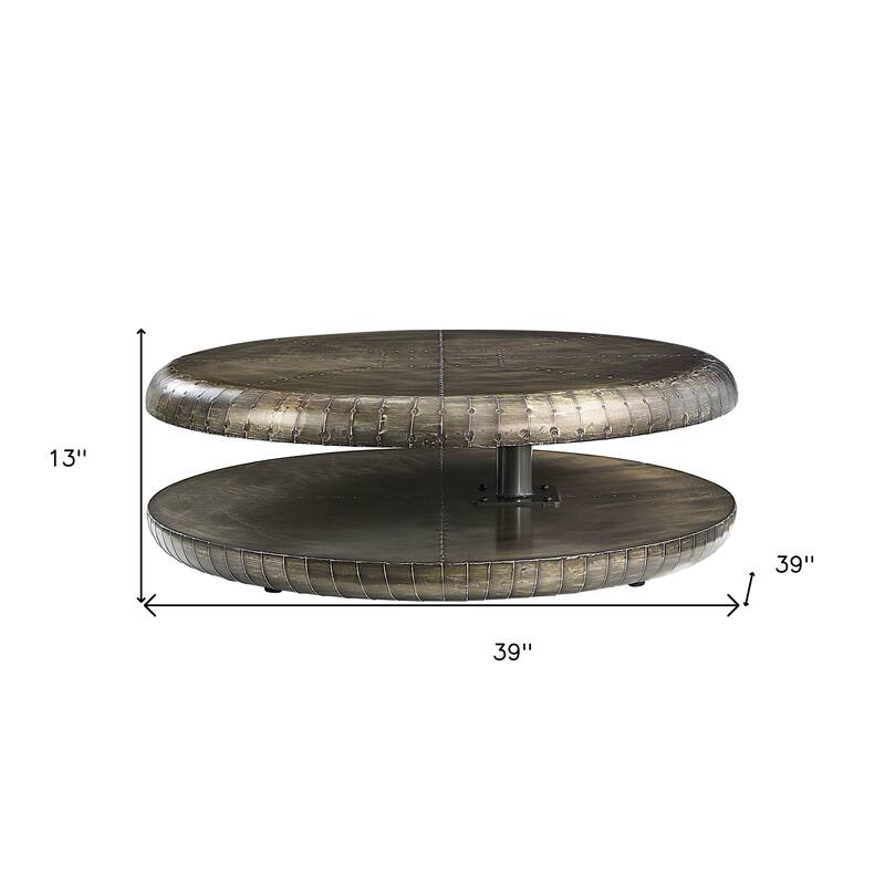 HomeRoots 39" Bronze Aluminum Round Floor Shelf Coffee Table With Shelf - 39.00 in. x 13.00 in. x 39.00 in.
