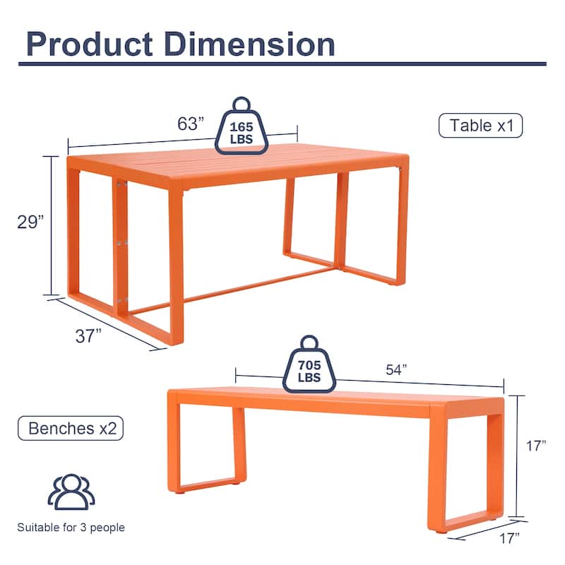 Aoodor 3-Piece Outdoor Patio Dining Set, Aluminum Furniture Set with 1 Rectangular Picnic Table and 2 Benches - N/A