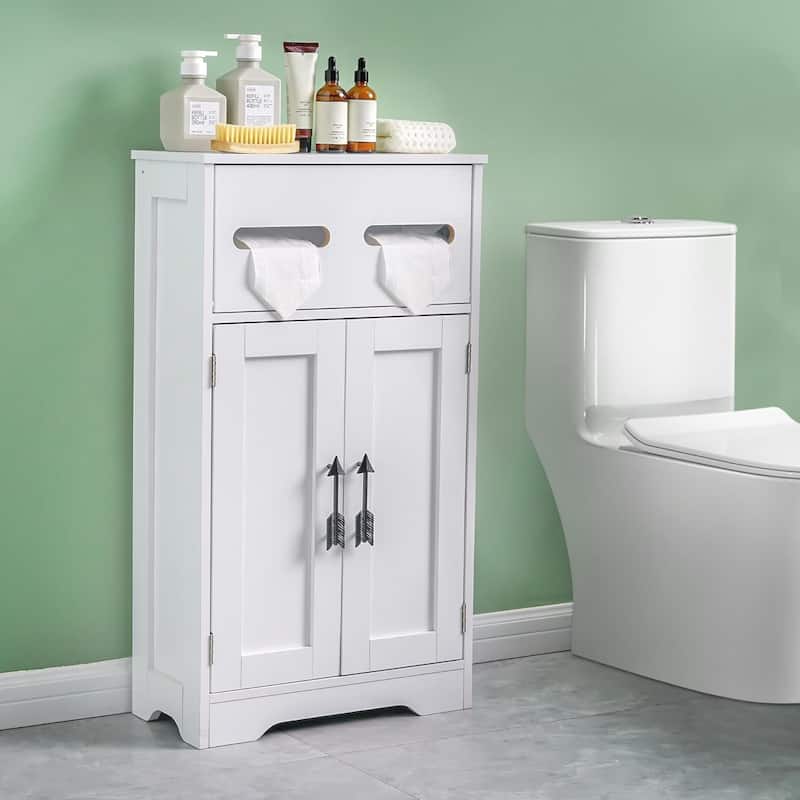 VECELO Slim Bathroom Floor Cabinet with Shutter Door 3-Tier Storage Shelf with Hooks Freestanding Cabinet for Bedroom, Entryway - Modern White