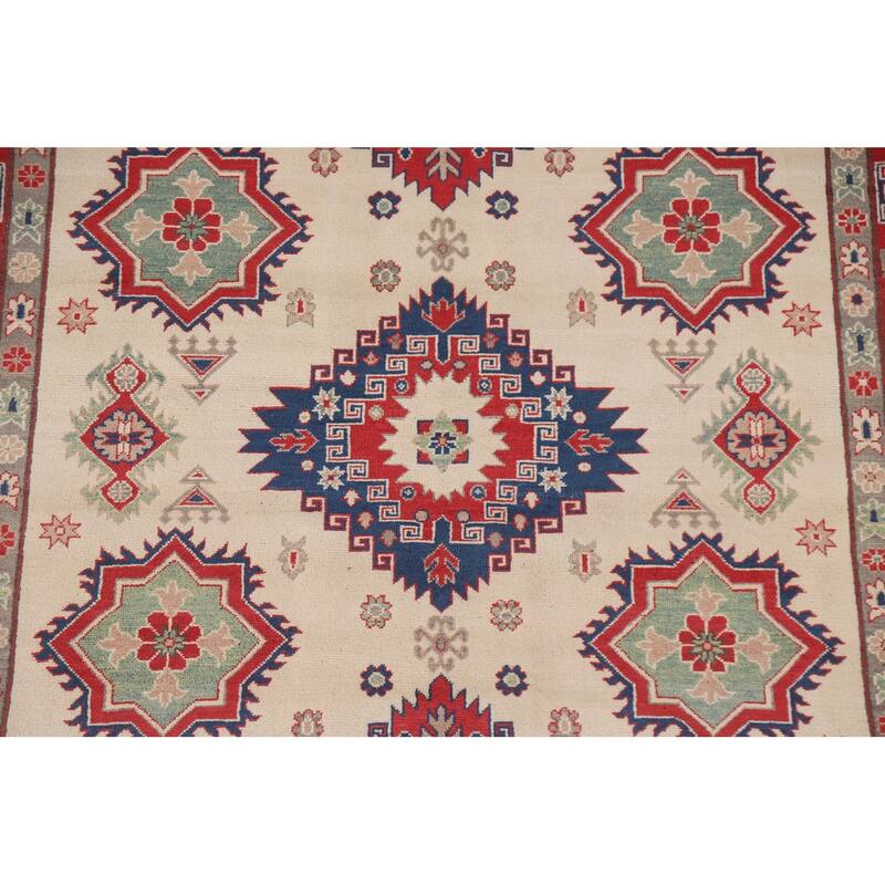 Hand Knotted Oriental 100% Wool Carpet Traditional Geometric Beige & Ivories Kazak Area Rug - 9' 9'' X 6' 8''
