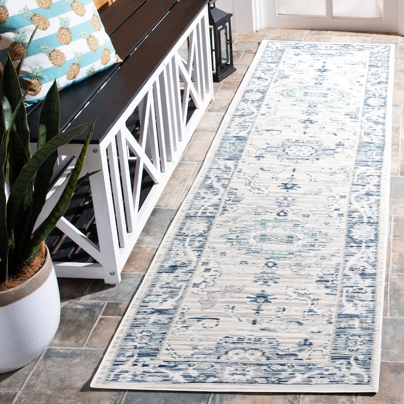 SAFAVIEH Sunrise Azzah Indoor/Outdoor Waterproof Rug - 2' x 8' Runner - Grey/Blue Ivory