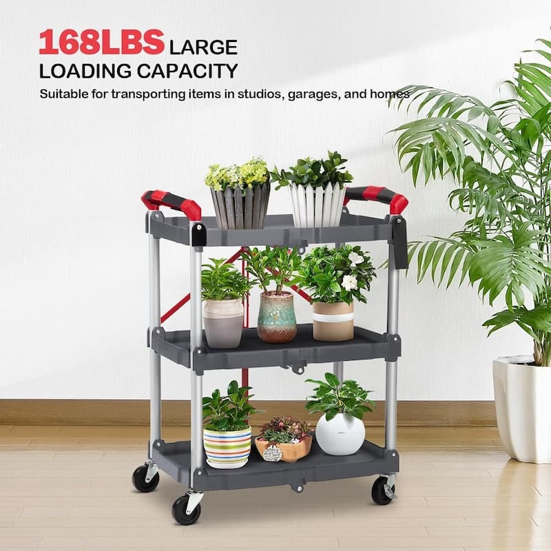 3-Tier Holds Foldable Utility Collapsible Service Rolling Cart with Wheels, for Home, Office, Kitchen - N/A