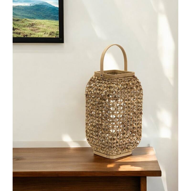 16" Natural Glass and Wicker Woven Floor Lantern Candle Holder - One Size - Natural - One Size