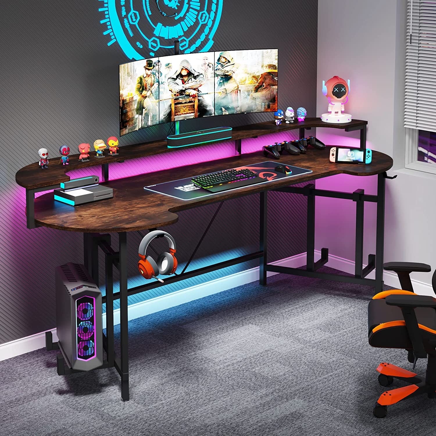 Gaming Desk with LED Lights 75 Inch Ergonomic Home Office Tables PC Study Desk Black